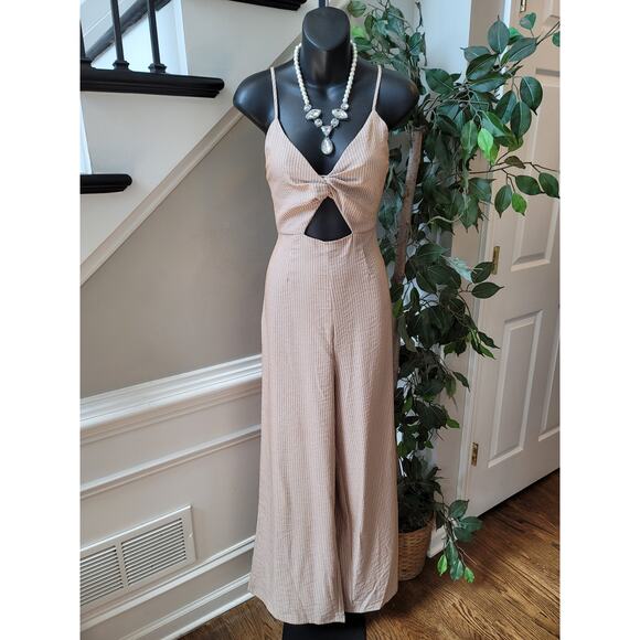 the room Pants - The Room Jumpsuit Women Medium Beige White Striped Cutout Wide Leg Sleeveless